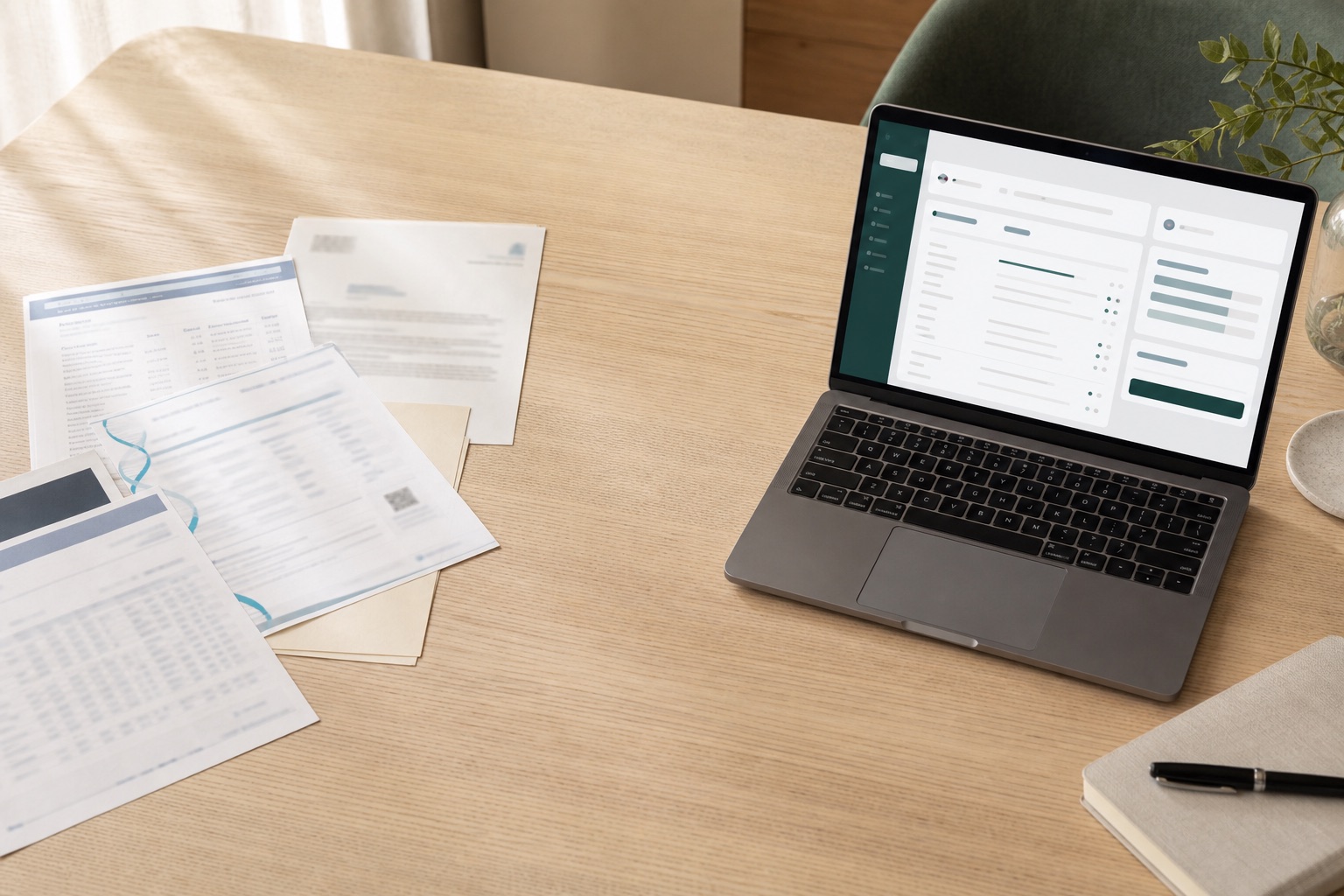 Generic clinical documents beside a laptop showing a structured review interface
